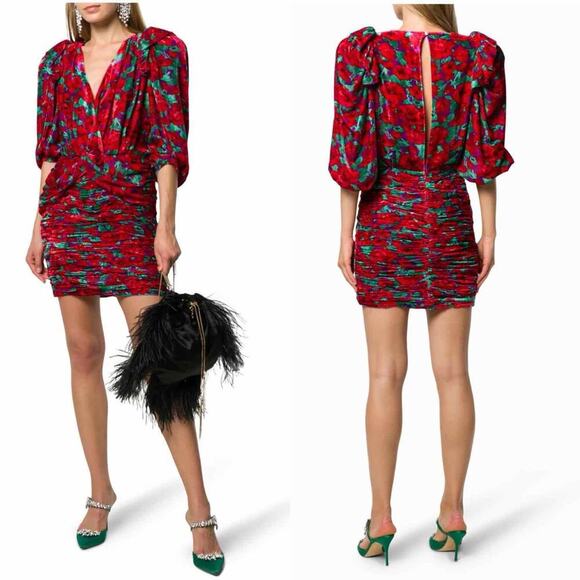 MAGDA BUTRYM Mundo Ruched Floral Velvet Mini Dress Red Multi Size US 6 - Picture 9 of 15